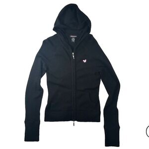 Y2K VTG Hoodie Sz M Black Full Zip Soft Hooded Preppy Whimsigoth Goth Grunge